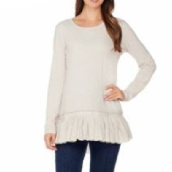 LOGO Tunic Top Ruffled Edge Lightweight Beige 100% Cotton Tunic Pullover Size XS - Picture 1 of 5